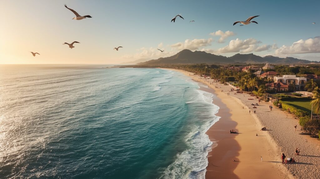 Golden beach and pelicans in Punta Mita.
